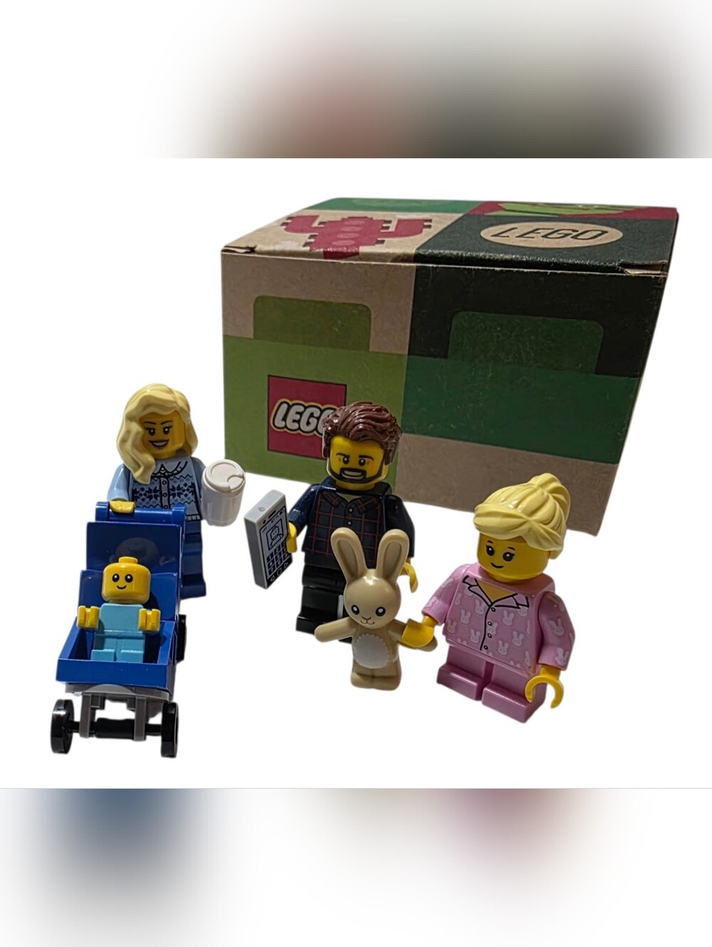 Lego Family Minifigures with Blue Stroller, Pink Pajamas and Tan Bunny